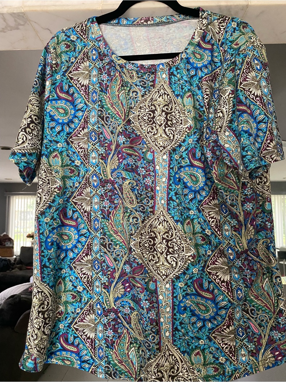 Blue Paisley Boho Short-Sleeve Tee with Contrast Bohemian Medallion Print